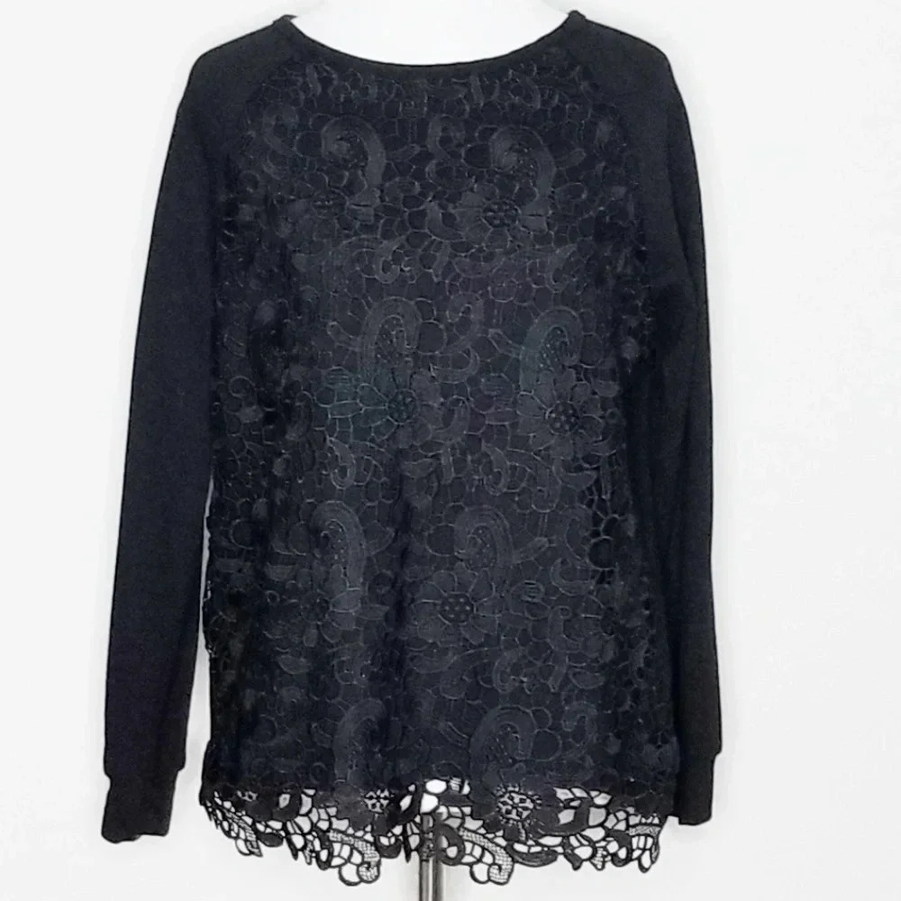 Adrianna Papell Black Lace Overlay Long Sleeve Top S - Picture 2 of 6